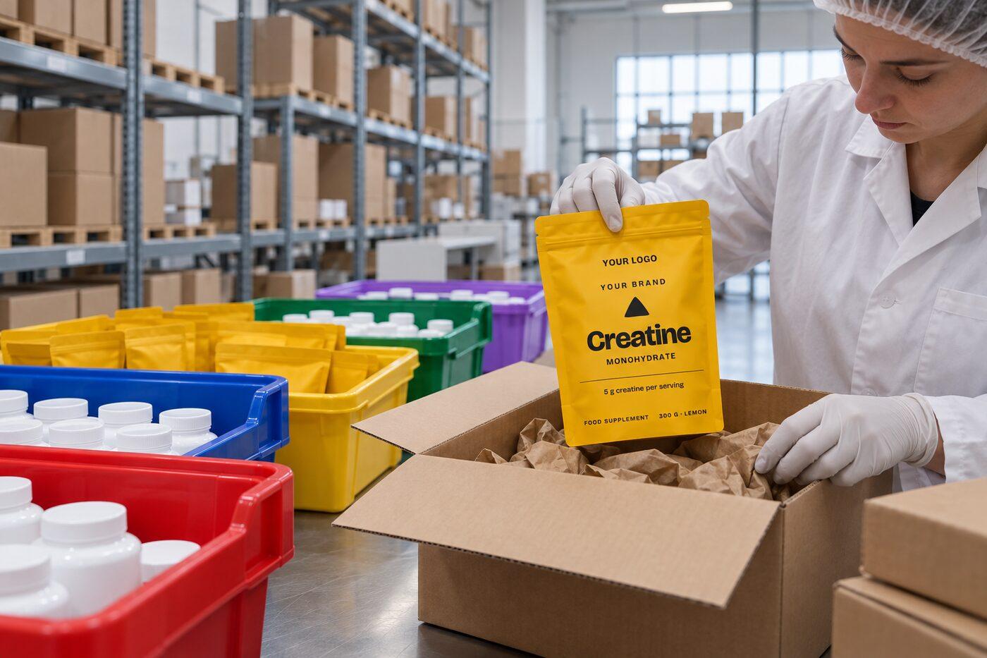 Fulfillment warehouse with color-coded bins and a packing table